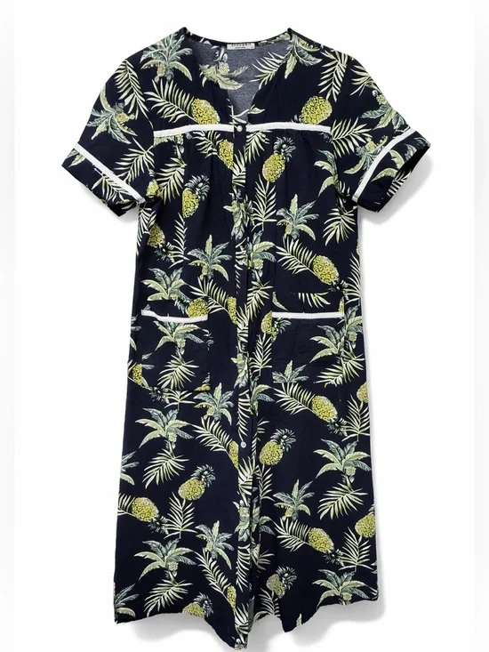 Ekouaer Tropical Pineapple House Dress Muumuu Snap Front Pockets Cotton Small - Picture 1 of 5